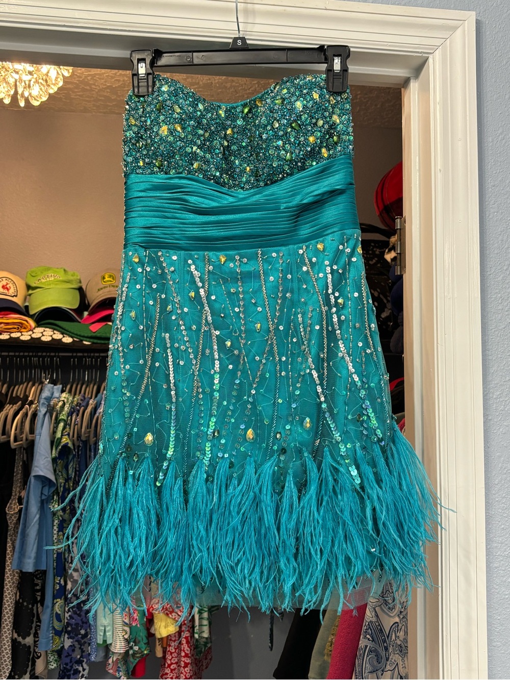 Jovani Teal Beaded Strapless Feather-Hem Party Dress